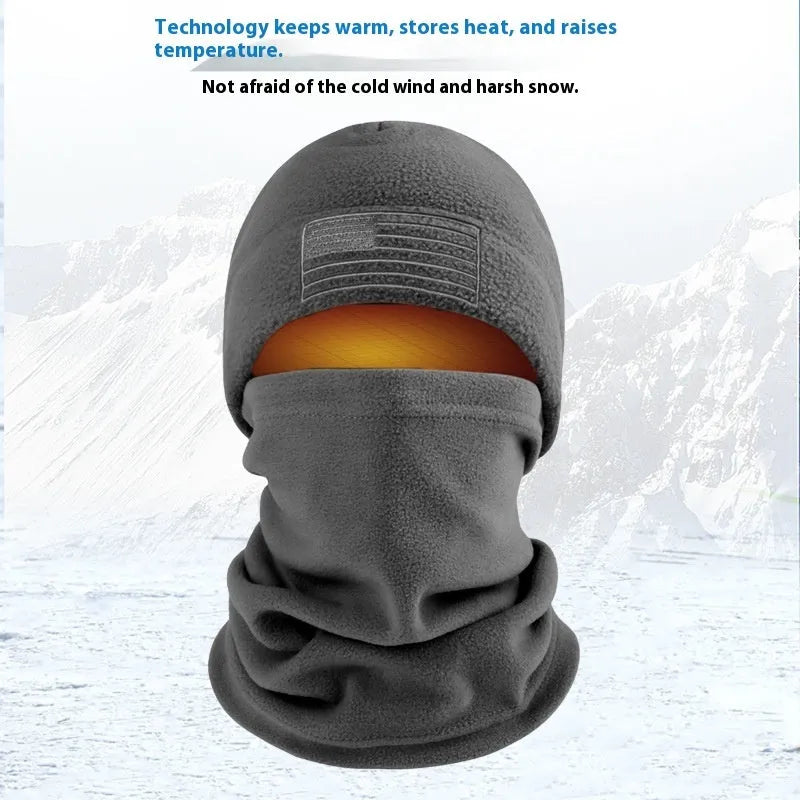 Polar fleece winter scarf and hat set in black, showing coordinated head and neck gear for cold weather