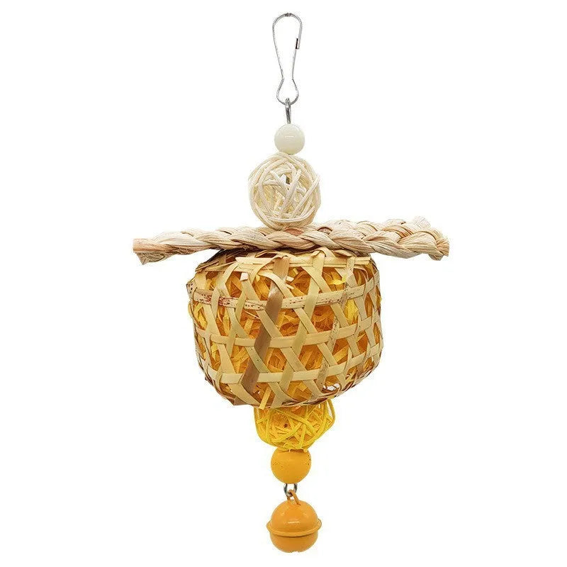 Parrot toy small fat ball bamboo corn husk woven pendant green yellow cage accessory
