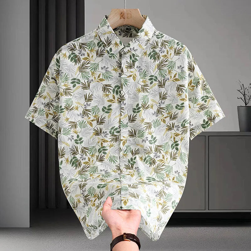 Men's short sleeve casual shirt with colourful floral print on cotton fabric, shown in a cardigan style.