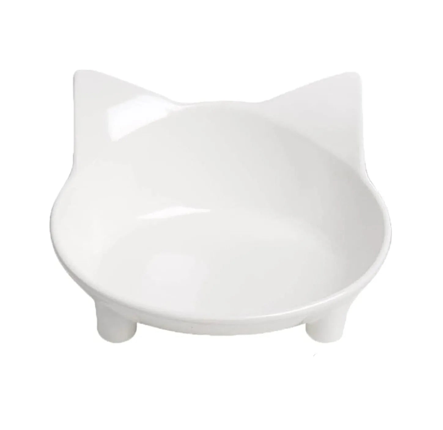 Shallow black and white melamine pet bowls with non-slip rubber bases on a kitchen floor.