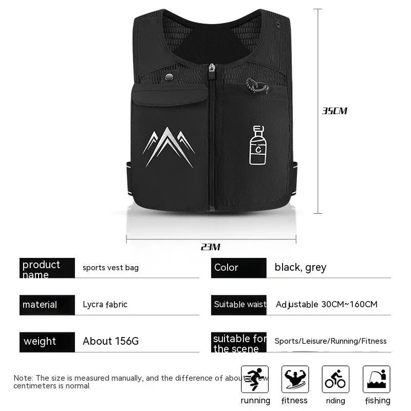 Black breathable mesh sports running vest with a front chest pocket for a mobile phone.