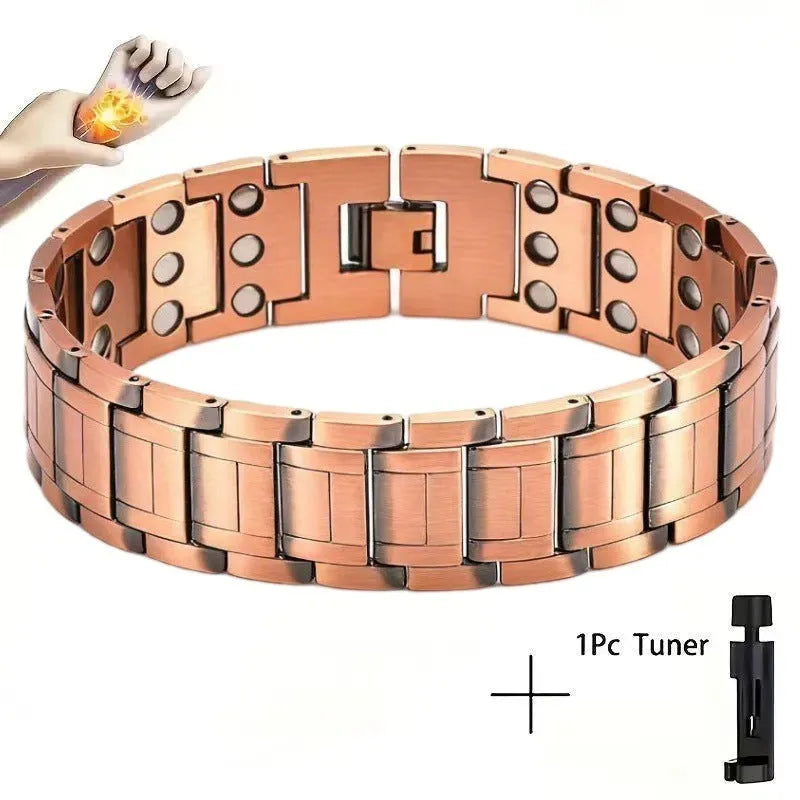 Retro bronze three rows magnet bracelet in zinc alloy with geometric links and regulator