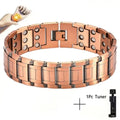 Retro bronze three-row magnetic bracelet with geometric links, zinc alloy electroplated finish and regulator