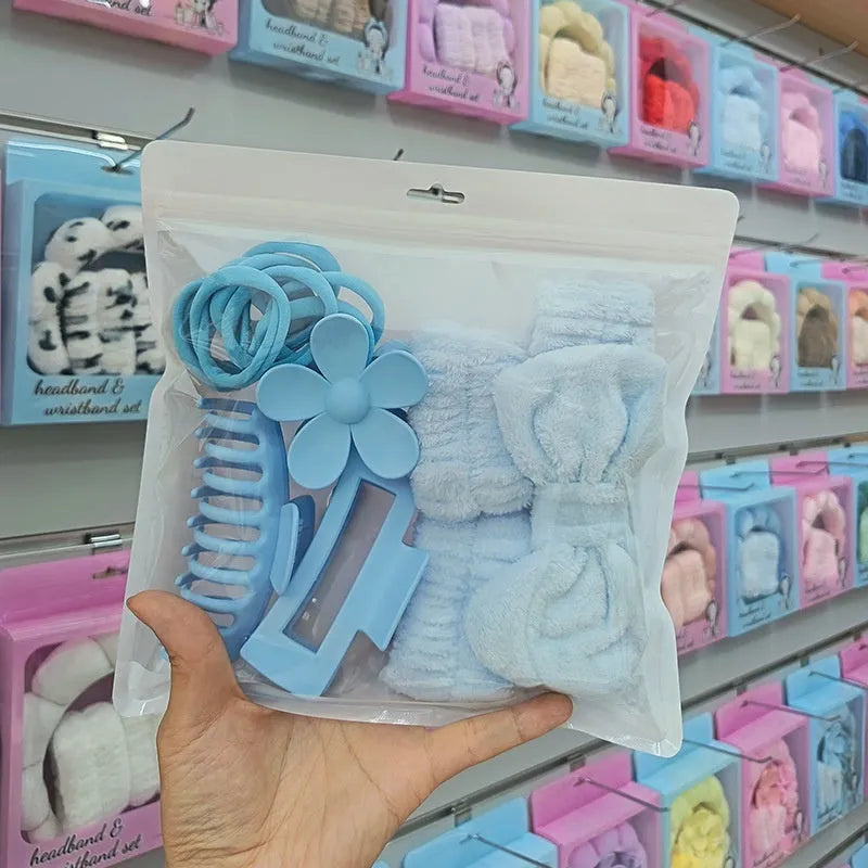 Bow washing face hair band 16-piece set with plaid pattern and wrist strap in 9 colour options