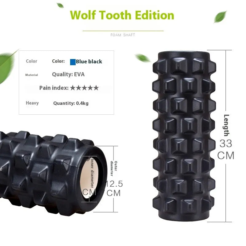 Black six-piece foam massage roller stick with gear design, 33cm long.