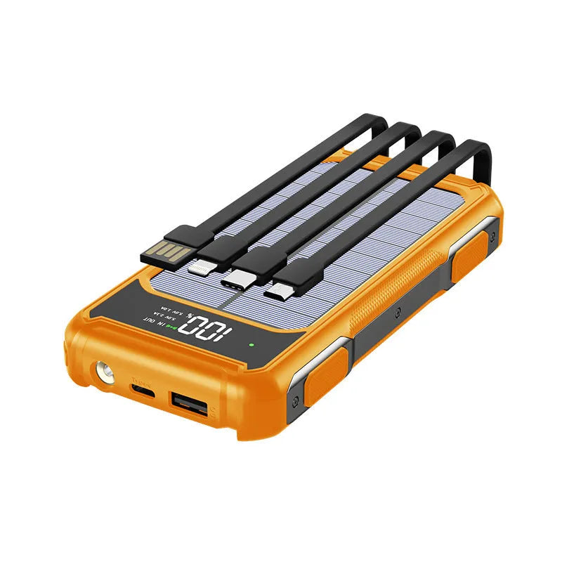 Military-grade portable power bank in black, green, or orange, showing compact size.