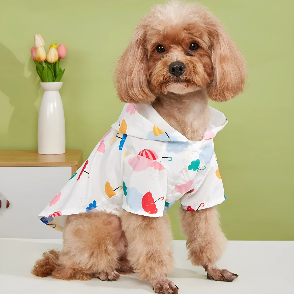 Colourful cartoon umbrella pattern dog or cat raincoat made from polyester fabric.