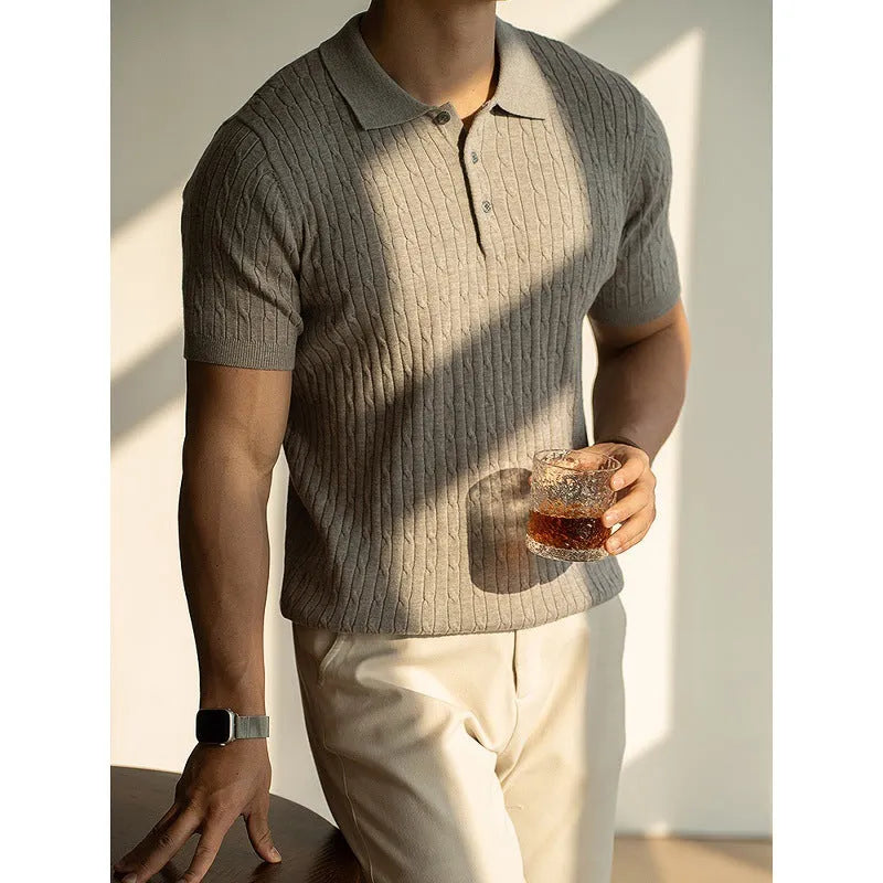 Men's khaki short sleeve business commute top made from polyester nylon acrylic wool blend