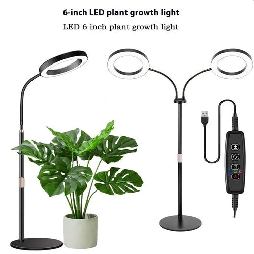 A floor-standing 6-inch angel ring LED grow light with a tall, thin retractable stand.