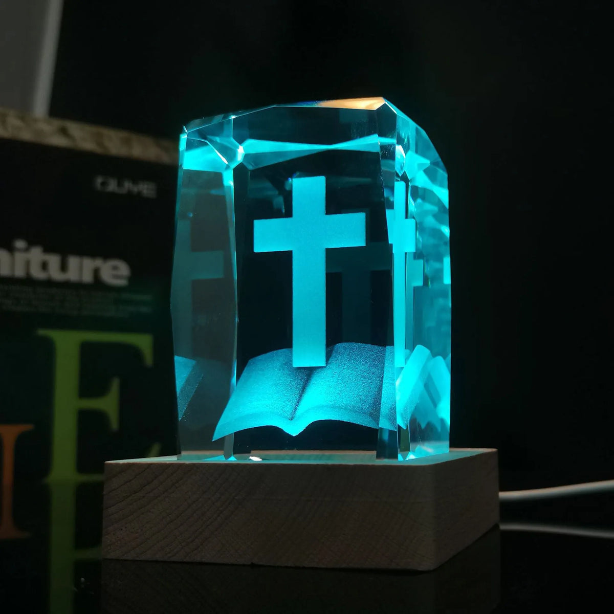 Transparent K9 white crystal cross inner carving 5x8cm with optional square wood warm or coloured USB lamp