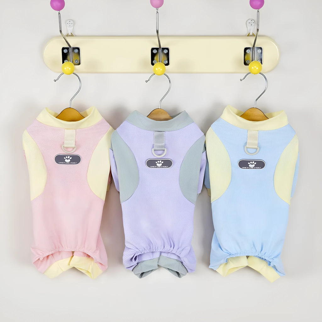 Ice silk mesh polyester pet sun protection suit in blue, pink, or purple, one-piece pet clothing sizes S-XXL
