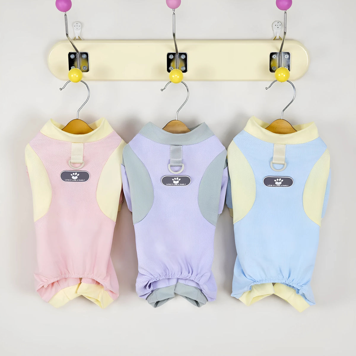 Ice silk mesh polyester pet sun protection suit in blue, pink, or purple, one-piece pet clothing sizes S-XXL
