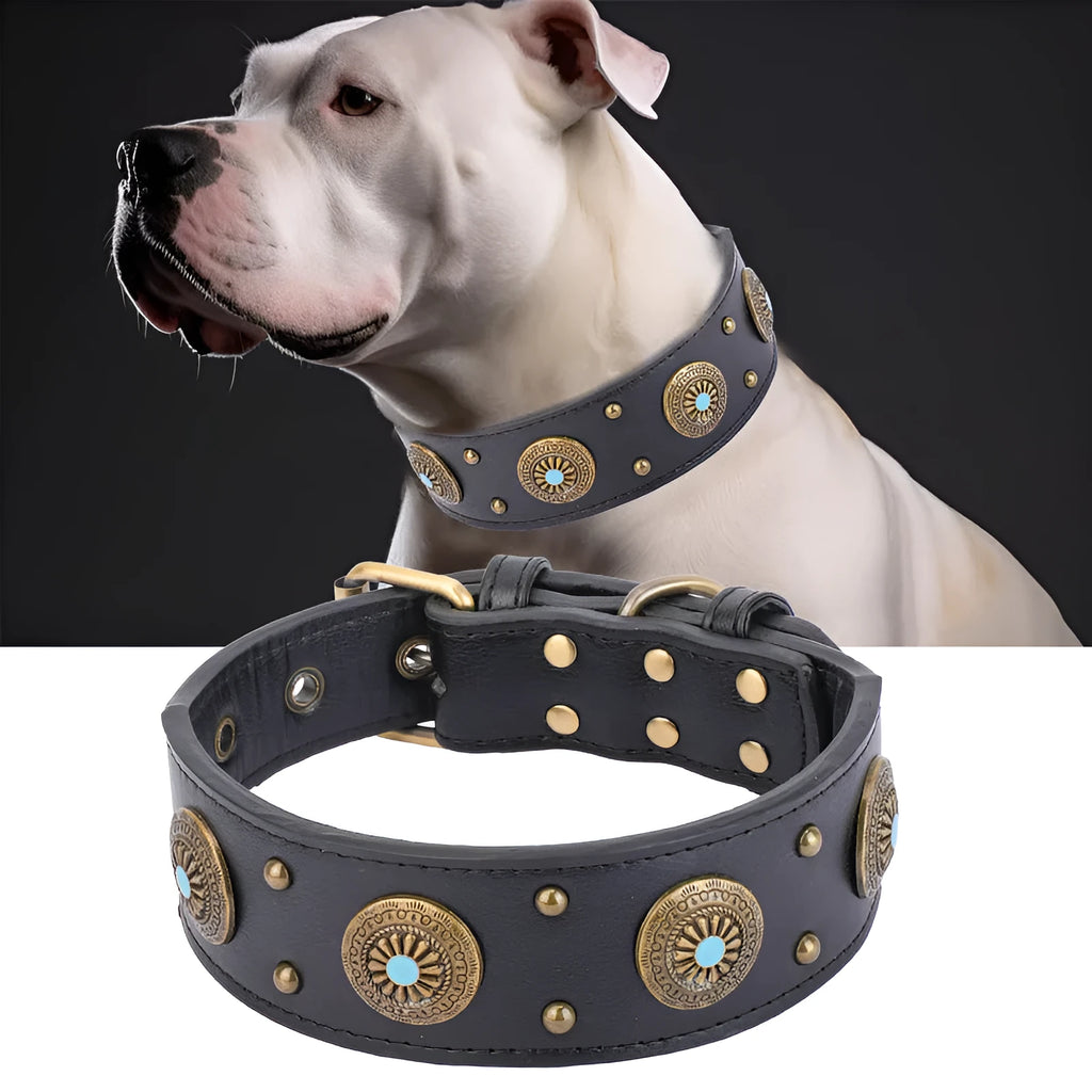 Retro high-end leather dog collar in brown with monochrome pattern for medium and large dogs