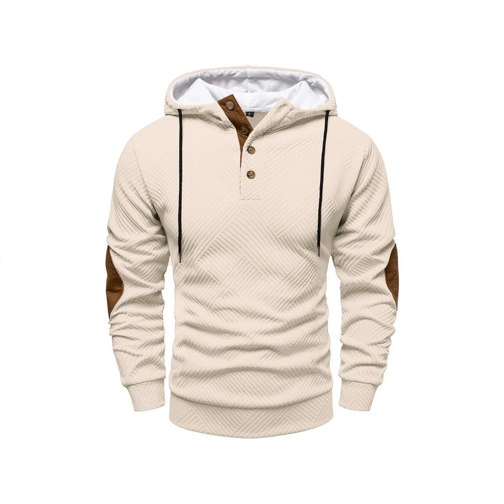 Men's loose hooded casual pullover in dark gray, long sleeves, polyester fibre construction