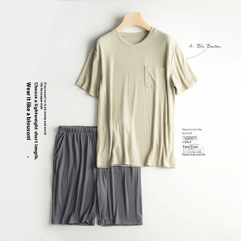 Men's thin polyester summer T-shirt and shorts home wear suit in oatmeal color with deep gray shorts