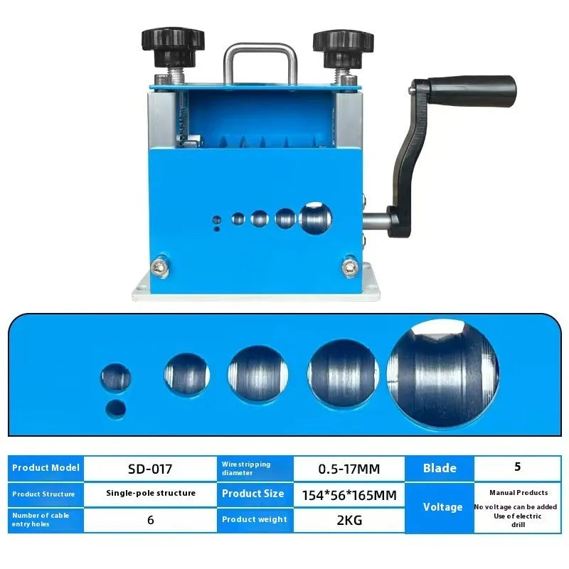 SD-017 manual wire stripping machine tool on a workbench, showing adjustable mechanism and compact 154mm steel body.
