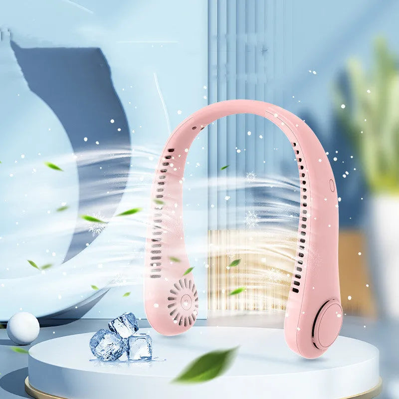 White bladeless neck fan hanging around neck showing annular air outlet design
