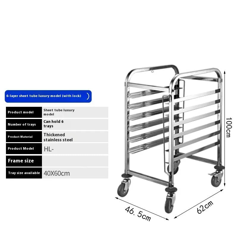 Stainless steel six-layer baking tray rack with locking mechanism for 40x60cm trays