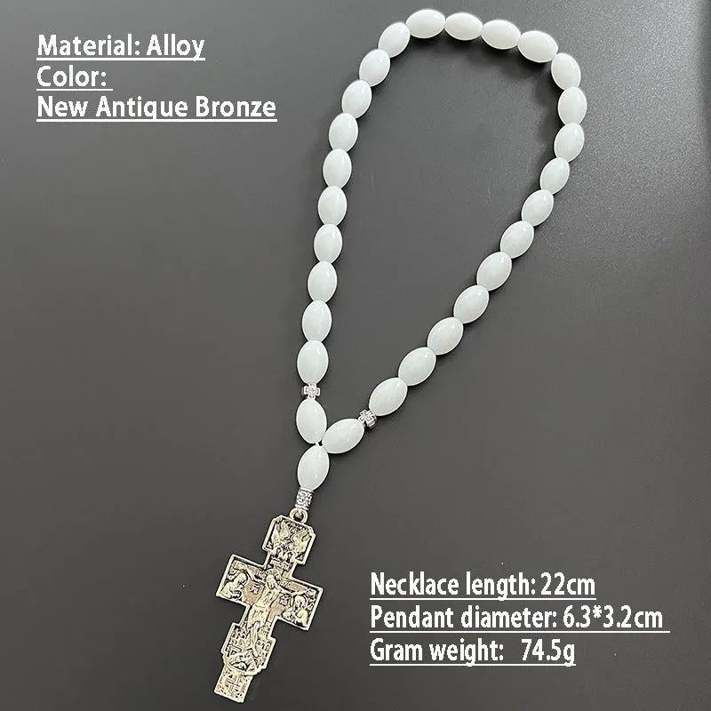 Cross beads metal car rearview mirror pendant with crown and Roman numerals in Ancient Gold finish