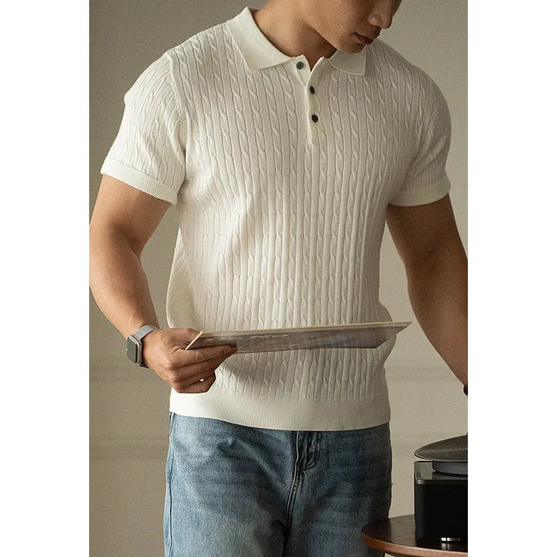 Men's khaki short sleeve business commute top made from polyester nylon acrylic wool blend