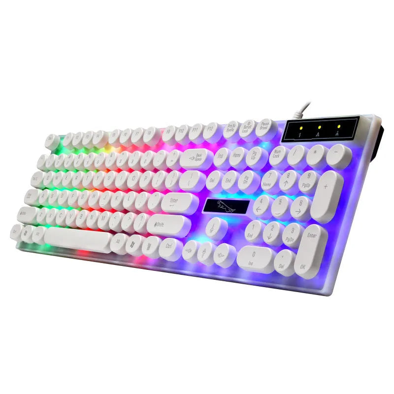 White waterproof mechanical gaming keyboard with glass panel keycaps and RGB backlight illumination