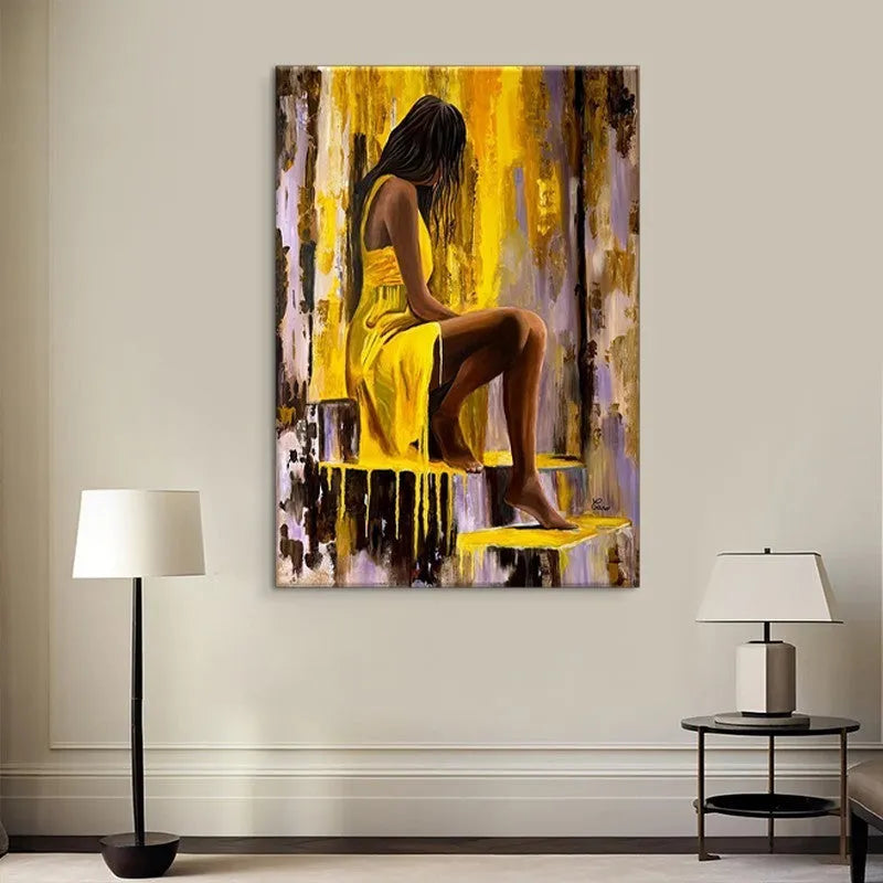 Hand-painted oil painting of a girl in a yellow dress on canvas for modern wall art