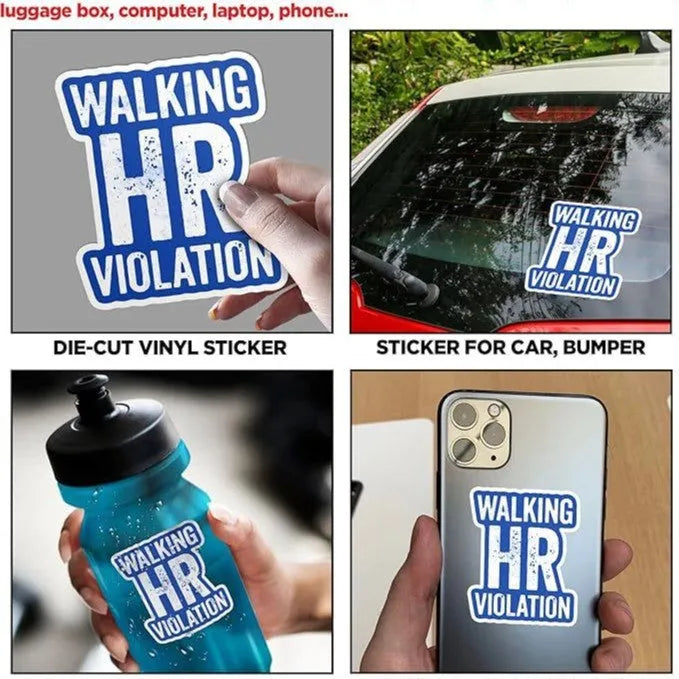 Set of 3 white hard cap vinyl stickers with a funny HR department door quote, each 10cm x 5cm