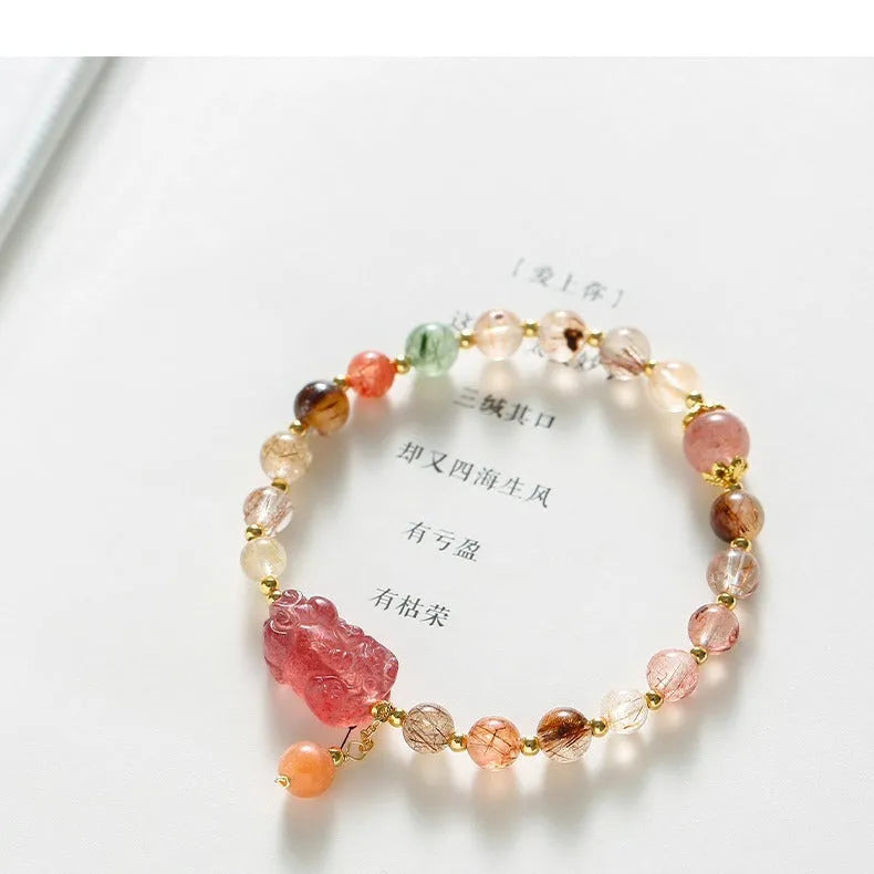 Chinese style strawberry quartz crystal bracelet with copper setting and pearl accents for women