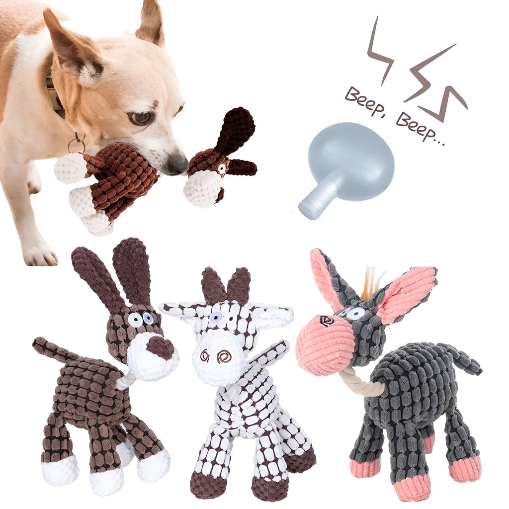 Brown plush donkey squeaky chew toy for dogs