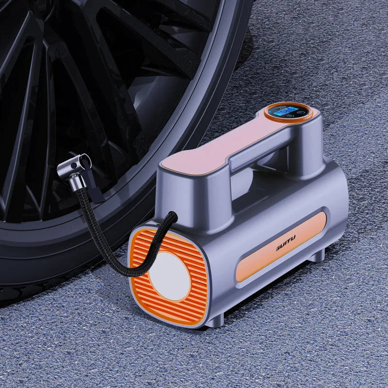 Portable wireless car tyre inflator with digital display showing pressure readings