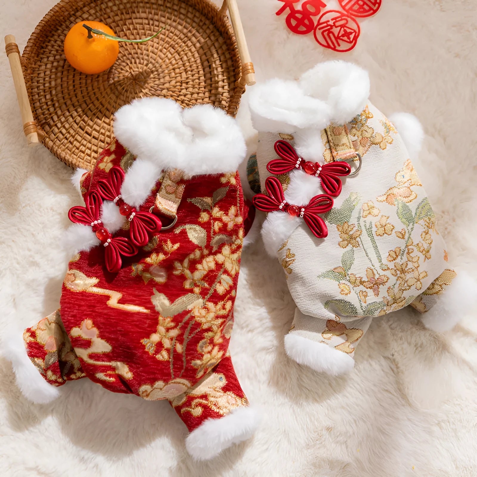 Red brocade pet jumpsuit with faux fur trim and Chinese knot buttons for Lunar New Year