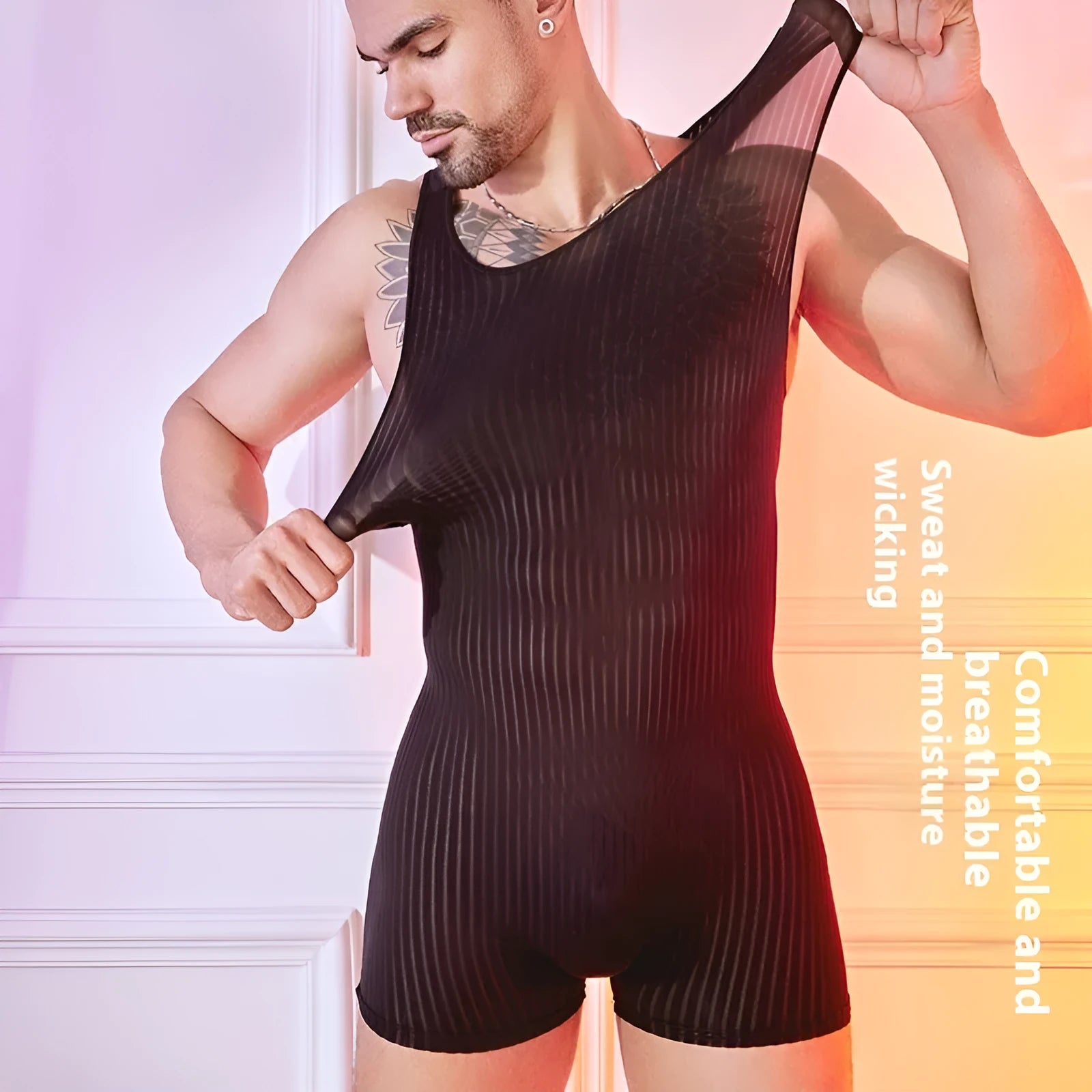 Men's black and white striped nylon jumpsuit with free size fit for summer casual wear