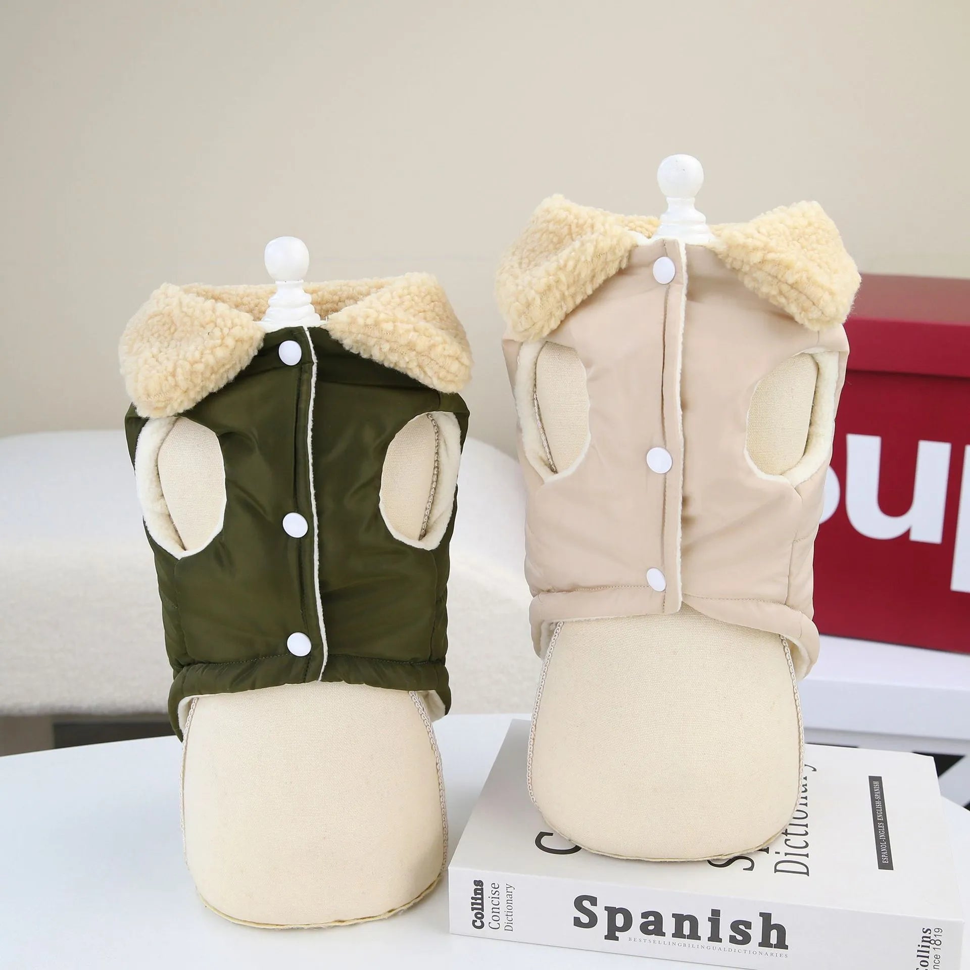 Pet dog cat teddy Nordic fur collar cotton vest in green and khaki, sizes S to XXL, on model