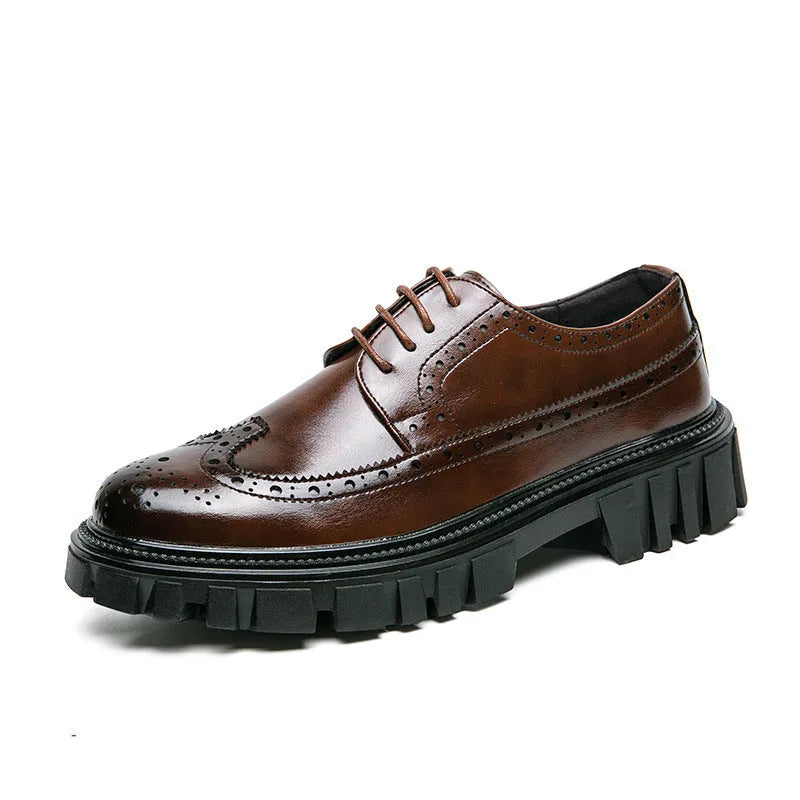 Men's black and brown breathable brogue shoes with round toe design and artificial PU upper