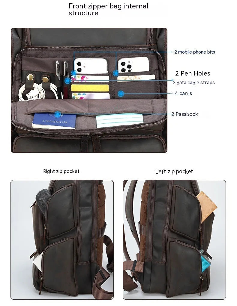 Dark brown men's leather backpack open to show internal compartments for a 17-inch laptop and organisation pockets.