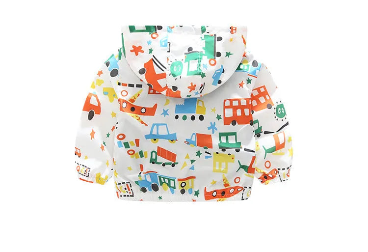 Children's airplane printed windbreaker jacket in blue or white with polyester outer fabric and cotton lining, sizes 90cm to 130cm