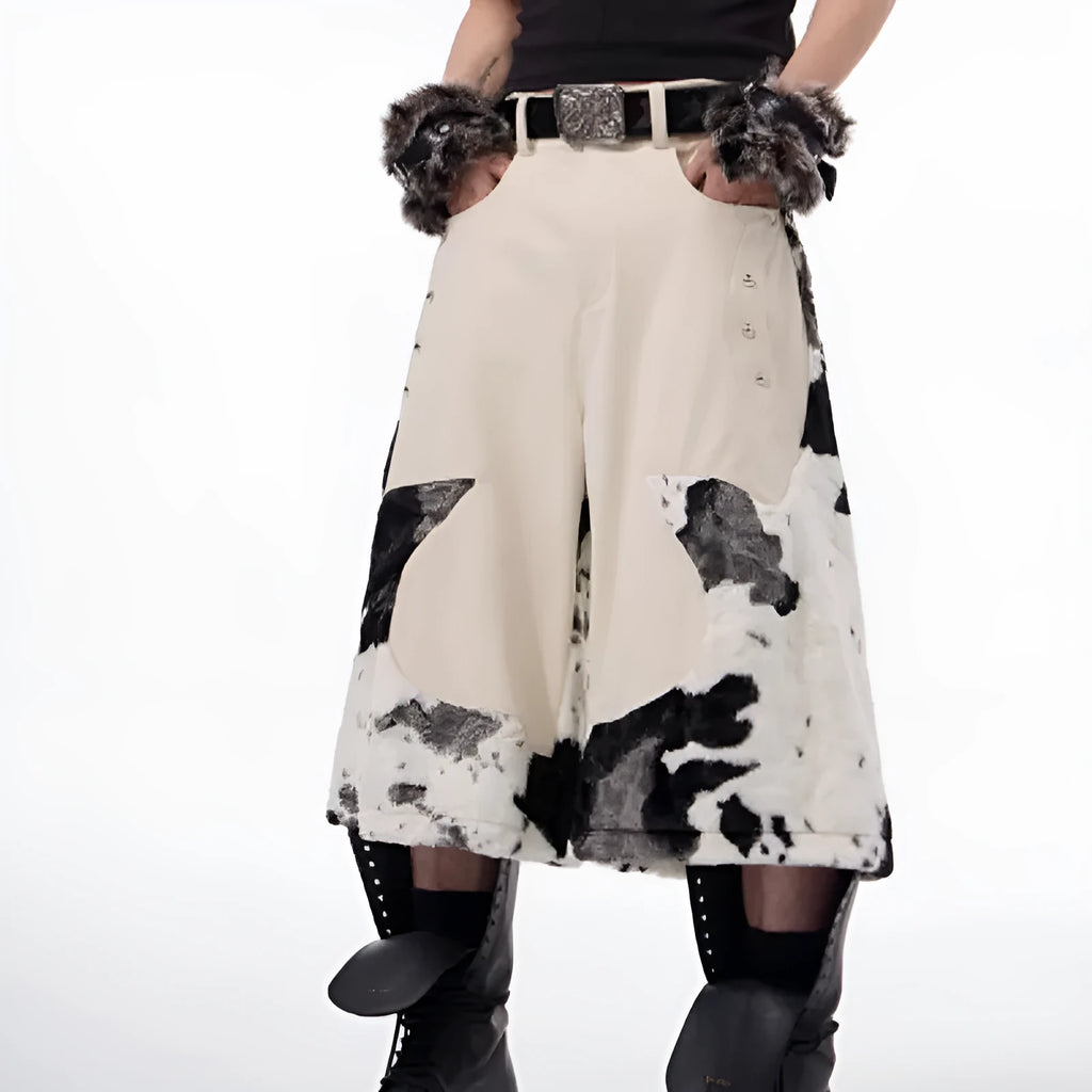 Milk fibre cropped trousers with stitching detail and fur trim in youthful trendy style