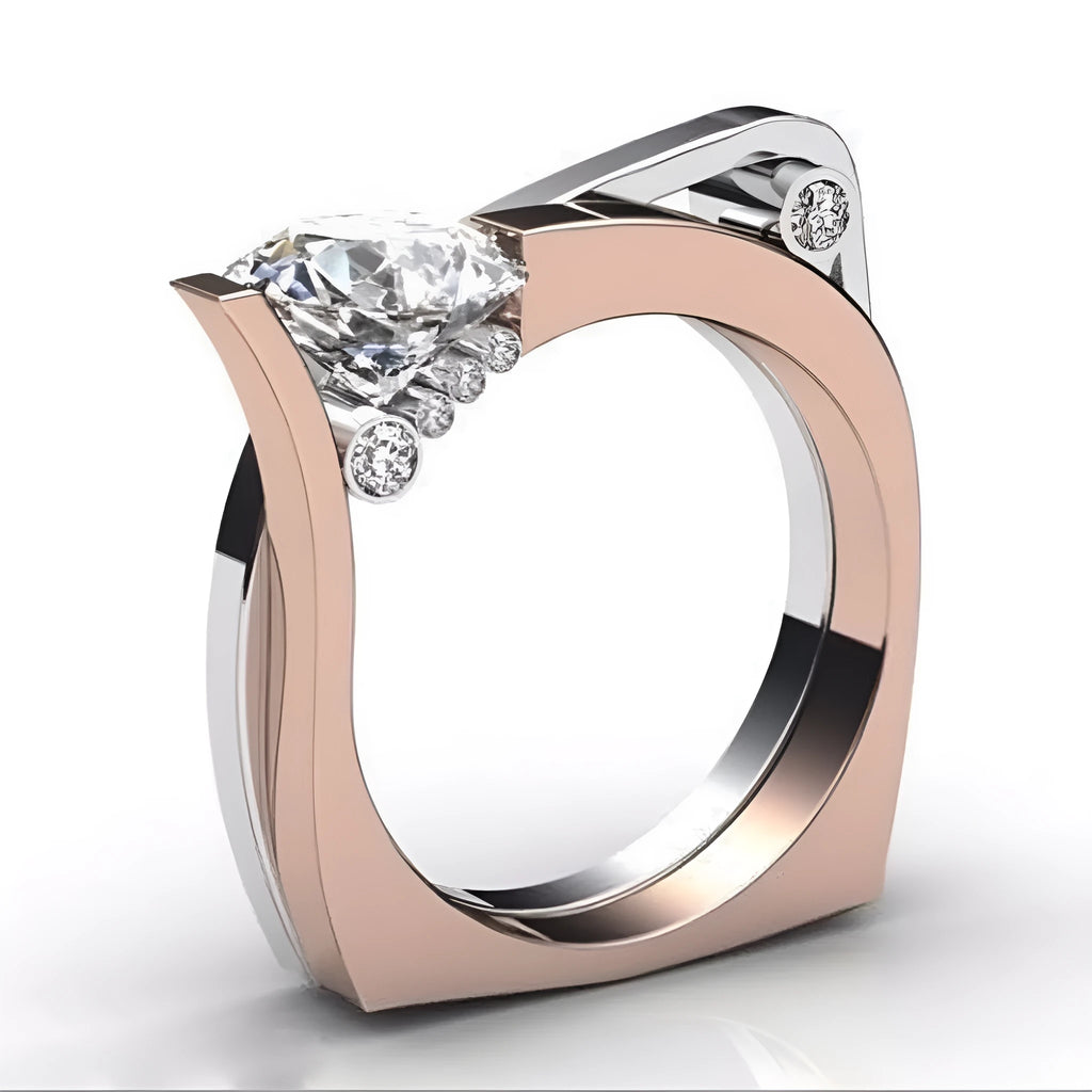 Rose gold geometric women's ring with zircon inlay on a grey background.