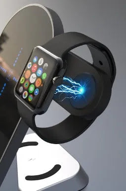 Black multifunctional alarm clock with wireless charging pad, Apple Watch dock, earbud charger and LED display