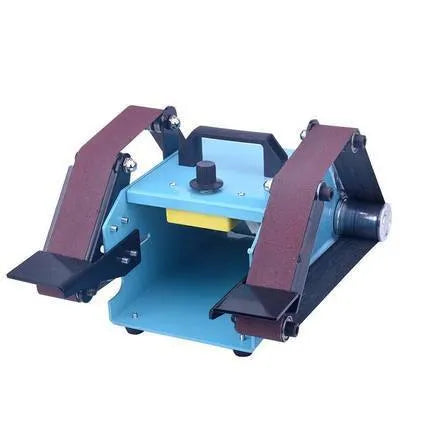 Blue desktop dual-axis belt sander with two sanding heads and a variable speed switch, shown on a workshop bench.