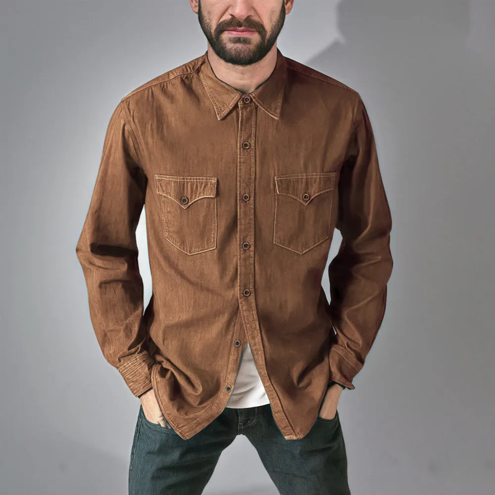 Cotton denim cardigan coat in khaki on a hanger, showing button front and regular fit.