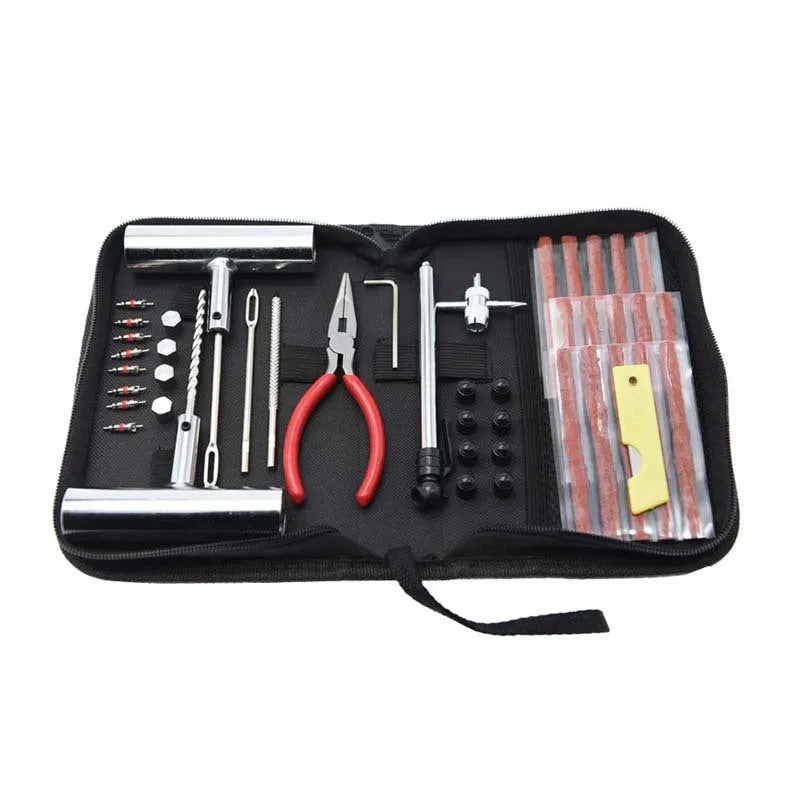 A cloth bag containing a 43-piece tire repair kit with 45 steel tools for puncture repairs.