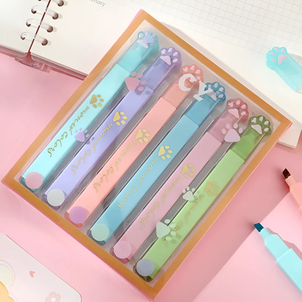 Cat's Paw brand set of six fluorescent marker pens with oblique nibs in a box.
