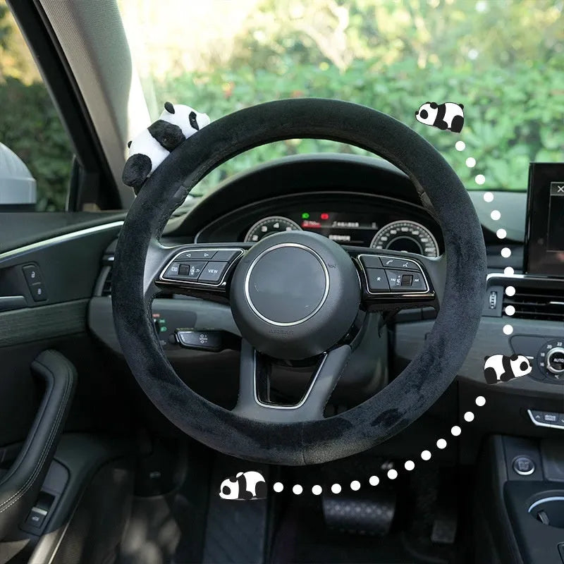 Plush black panda design steering wheel cover and matching shoulder pad set for 38cm wheels