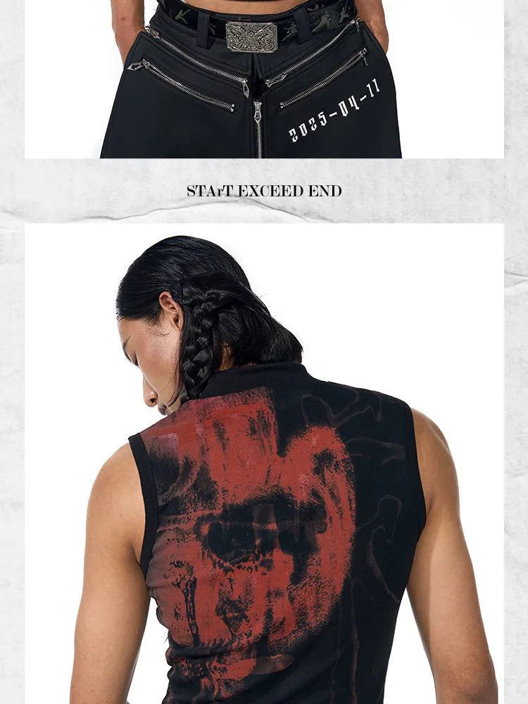Black half turtleneck sleeveless T-shirt with white character pattern print, slim fit