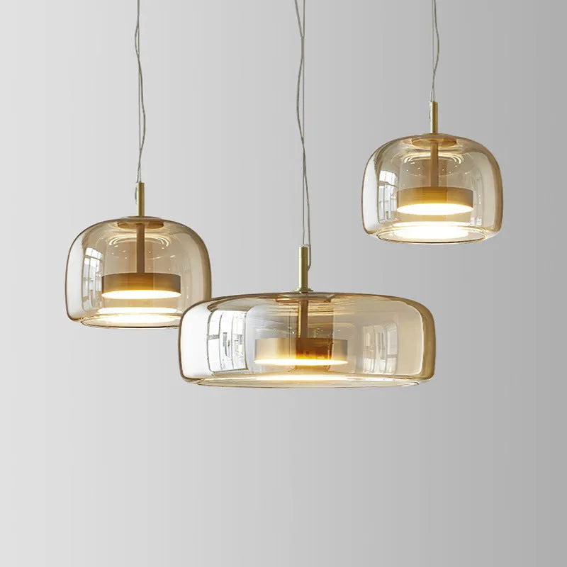 Single head glass pendant light with iron body, available in clear, cognac, amber, smoke grey, or coffee, adjustable height 1.5 m