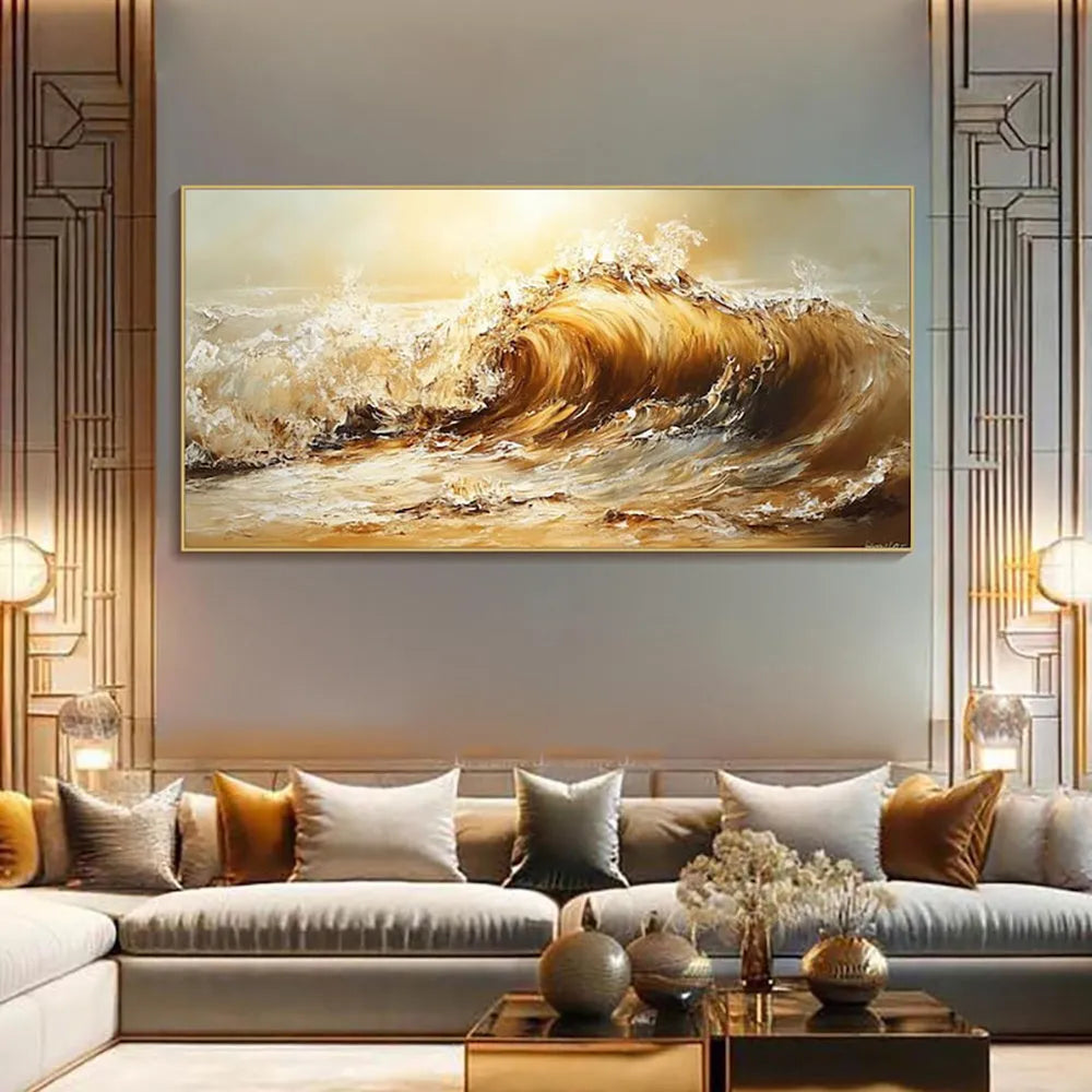 Handmade abstract yellow waves landscape oil painting on unstretched canvas, frameless, multiple sizes available
