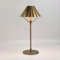 Gold-coloured alloy rechargeable desk lamp with USB-C port and touch dimming switch.