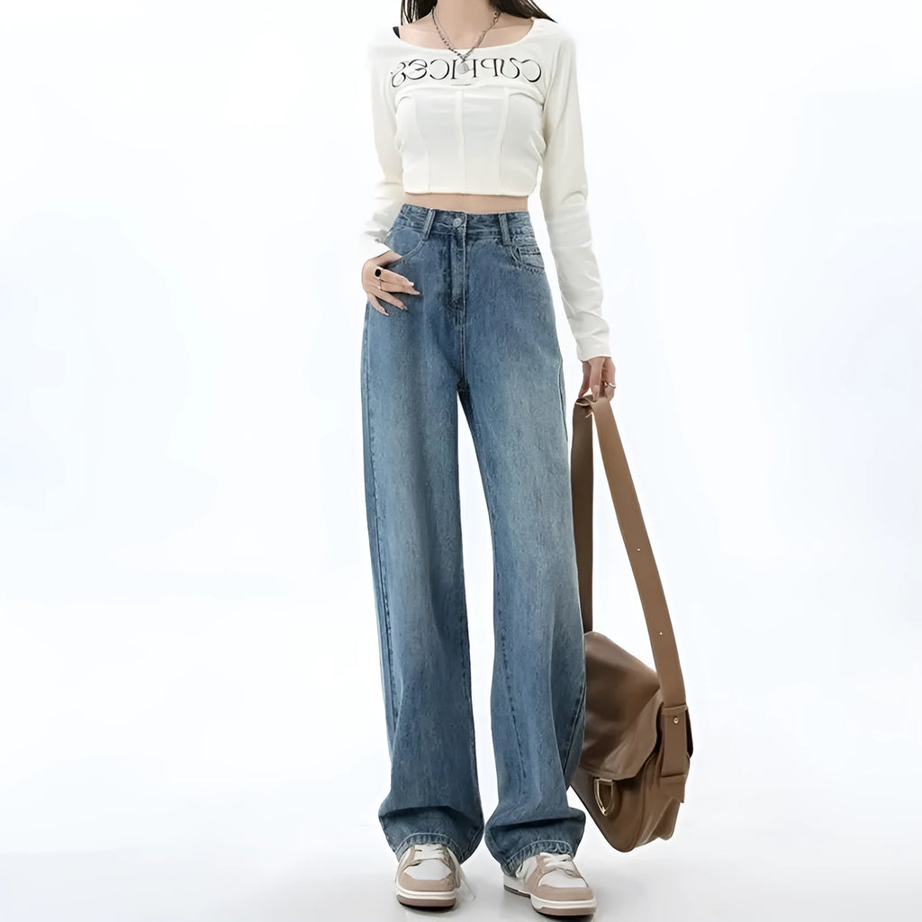 Women’s retro blue high waist wide leg denim jeans, sizes S to 2XL