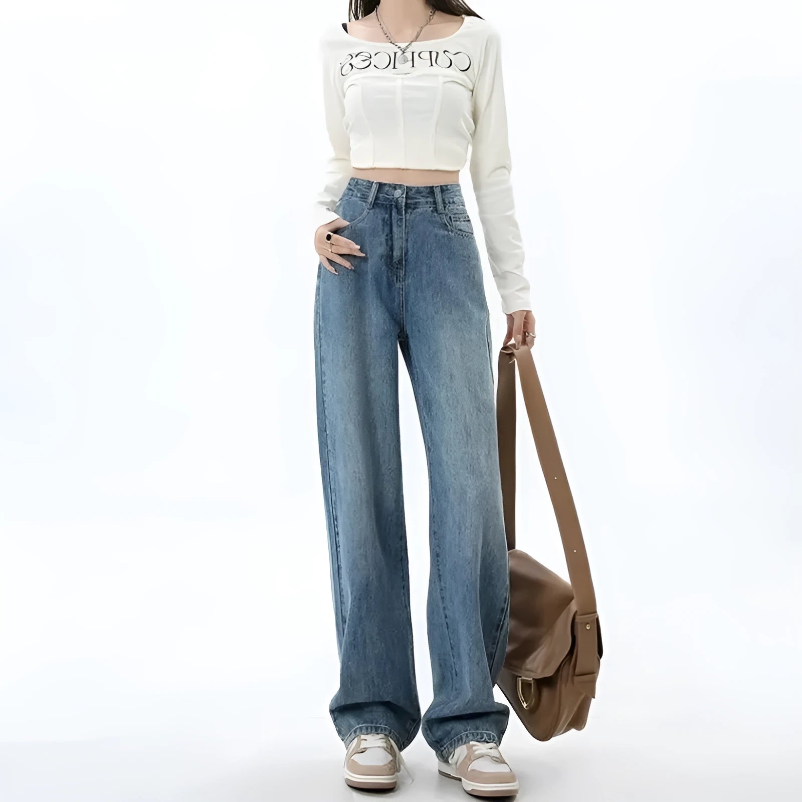Women’s retro blue high waist wide leg denim jeans, sizes S to 2XL